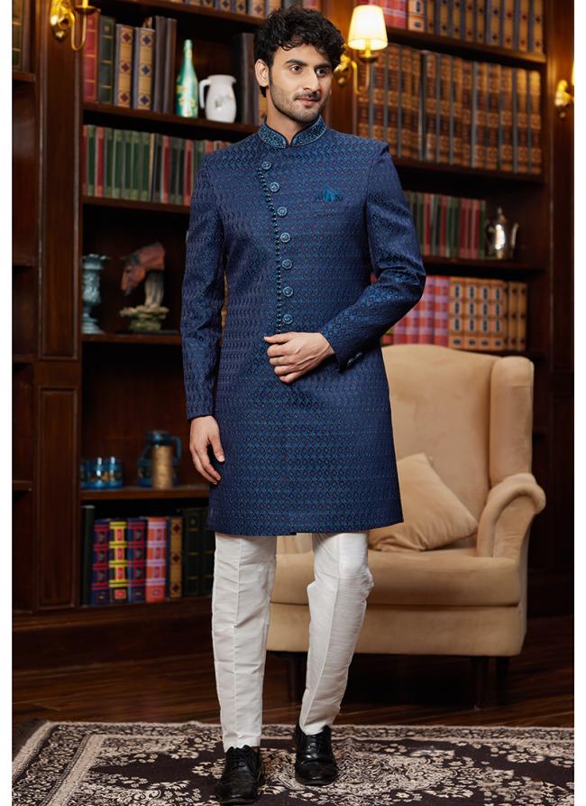 Jacquard Silk Blue Wedding Wear Hand Work Readymade Sherwani